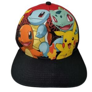 Pokemon Snapback Hat Red Black OS Pikachu Squirtle Bulbasaur Charmander Print